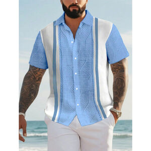 SHEIN Men's Large Blue White Striped Short Sleeve Casual Button Up Shirt NIB